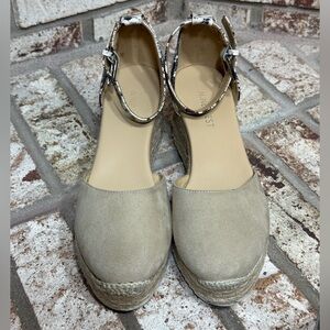 Nine West Beige Suede Platform Espadrille Wedges with Snakeskin Ankle Strap